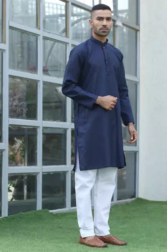 Cotton blend woven self desing navy blue kurta