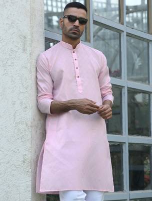 Cotton blend woven self desing pink kurta 1