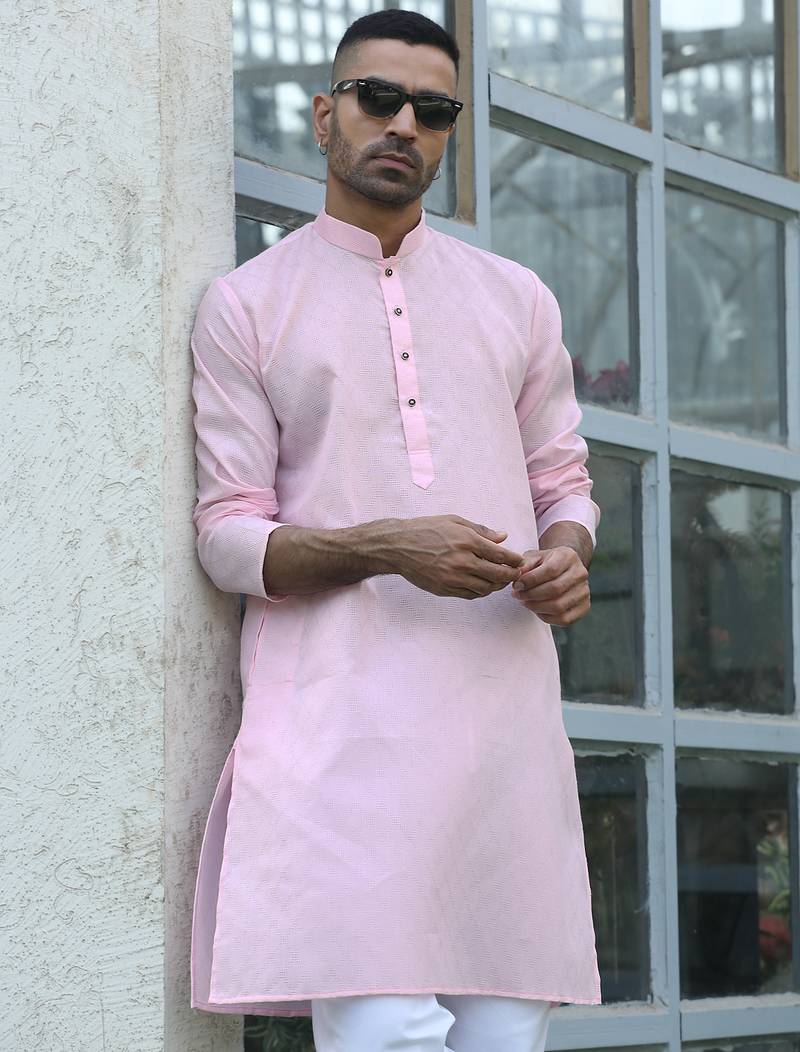 Cotton blend woven self desing pink kurta