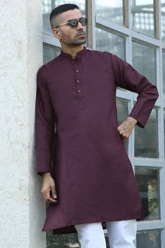 Cotton blend woven self desing purple kurta