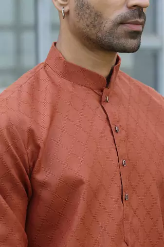 Cotton blend woven self desing rust kurta
