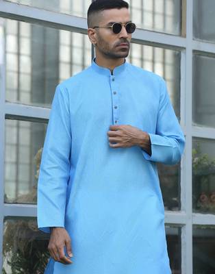 Cotton blend woven self desing sky blue kurta 1