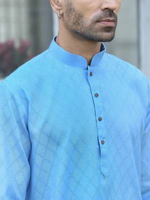 Cotton blend woven self desing sky blue kurta 2