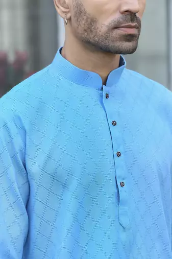 Cotton blend woven self desing sky blue kurta