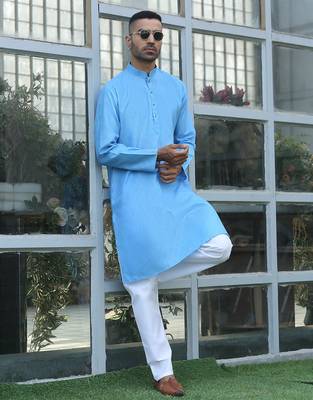 Cotton blend woven self desing sky blue kurta 4