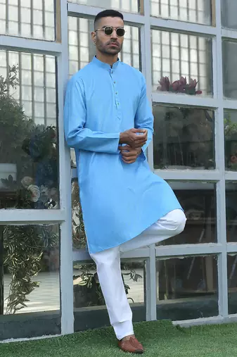 Cotton blend woven self desing sky blue kurta