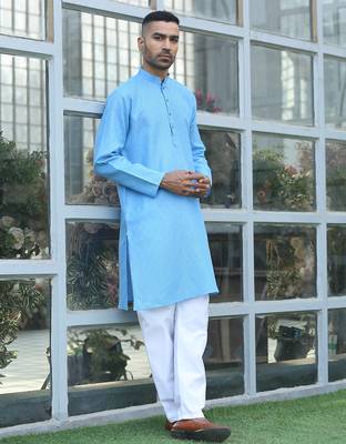Cotton blend woven self desing sky blue kurta 5