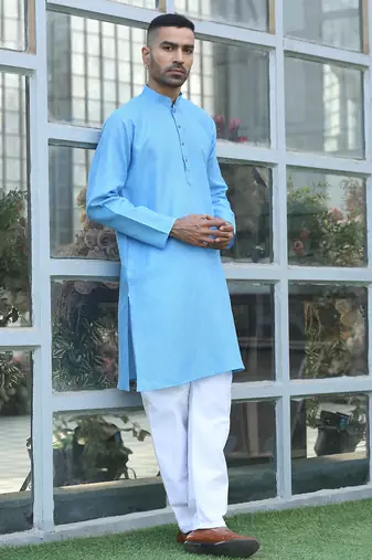 Cotton blend woven self desing sky blue kurta