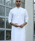 Cotton blend woven self desing white kurta