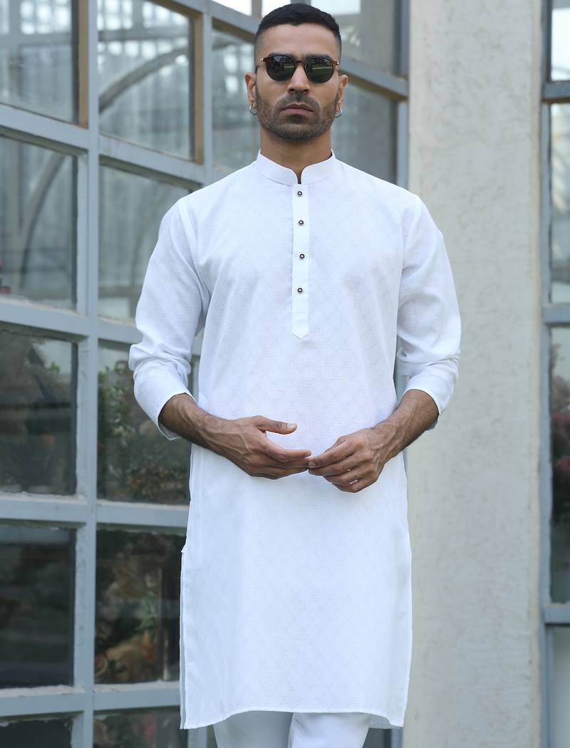 Cotton blend woven self desing white kurta