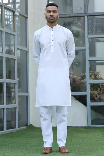 Cotton blend woven self desing white kurta