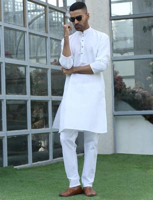 Cotton blend woven self desing white kurta 5