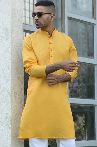 Cotton blend woven self desing yellow kurta
