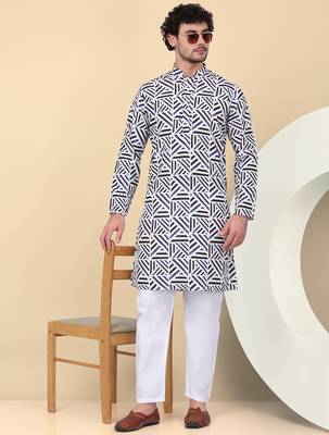 Men cotton blue and white geometric printed kurta 1