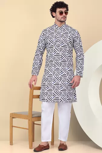Men cotton blue and white geometric printed kurta