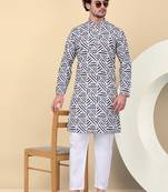 Men cotton blue and white geometric printed kurta