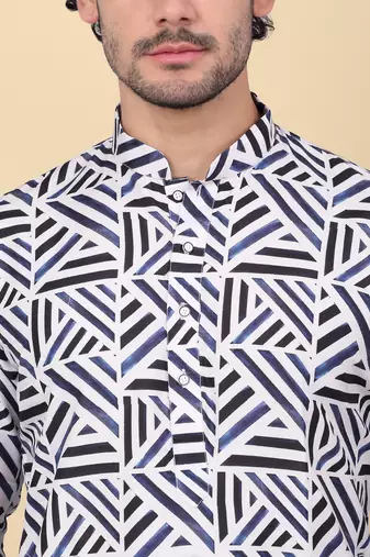 Men cotton blue and white geometric printed kurta