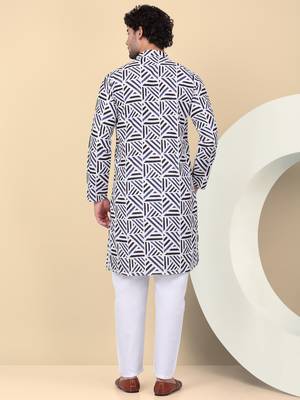Men cotton blue and white geometric printed kurta 3