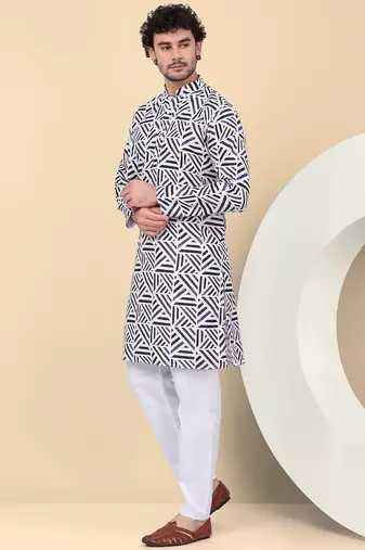 Men cotton blue and white geometric printed kurta