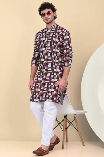 Men cotton maroon and black geometric printed kurta