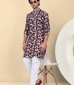 Men cotton maroon and black geometric printed kurta