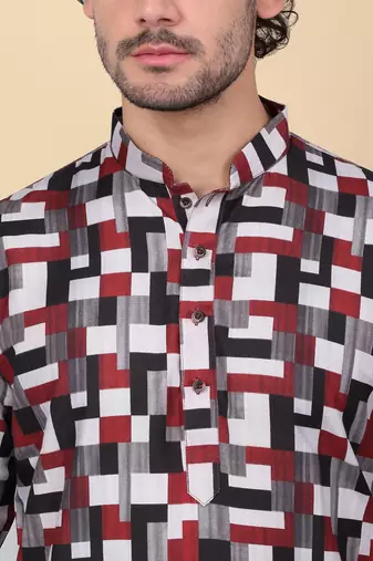 Men cotton maroon and black geometric printed kurta