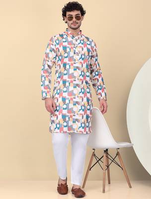 Men cotton Multicolor and white geometric printed kurta 1