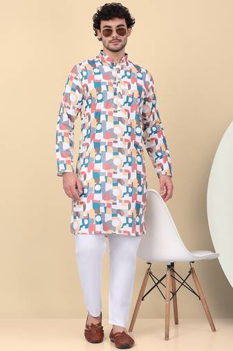 Men cotton Multicolor and white geometric printed kurta