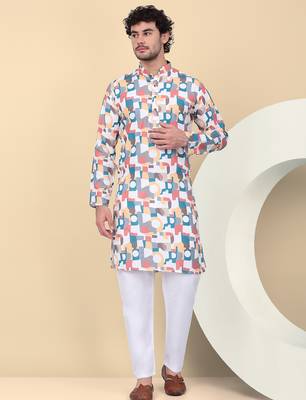 Men cotton Multicolor and white geometric printed kurta 5