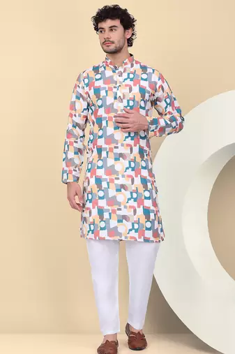 Men cotton Multicolor and white geometric printed kurta