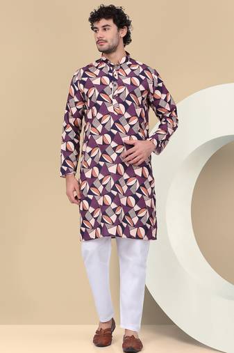 Men cotton purple and beige geometric printed kurta