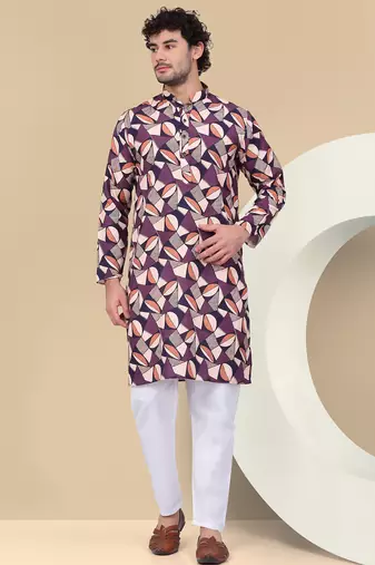 Men cotton purple and beige geometric printed kurta