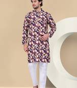Men cotton purple and beige geometric printed kurta