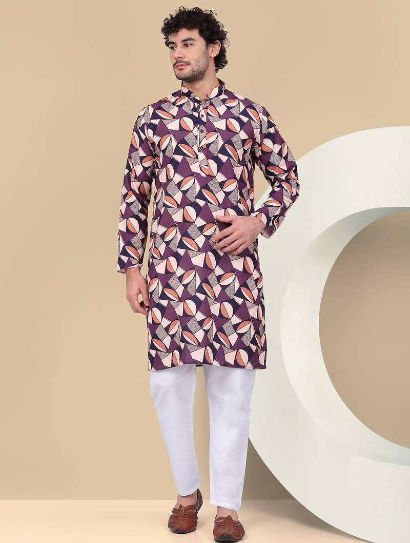 Men cotton purple and beige geometric printed kurta