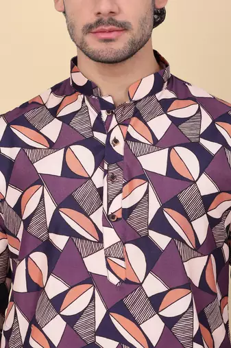 Men cotton purple and beige geometric printed kurta