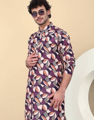 Men cotton purple and beige geometric printed kurta 5