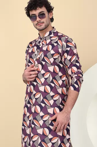 Men cotton purple and beige geometric printed kurta