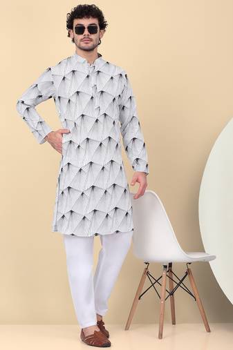 Men cotton white and black geometric printed kurta