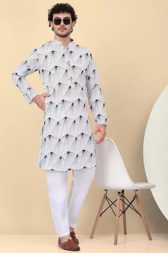 Men cotton white and black geometric printed kurta