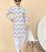Men cotton white and black geometric printed kurta