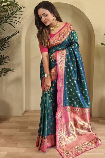 Teal Green Paithani silk blend Sarees 