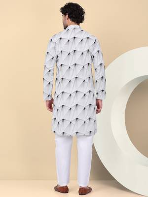 Men cotton white and black geometric printed kurta 3