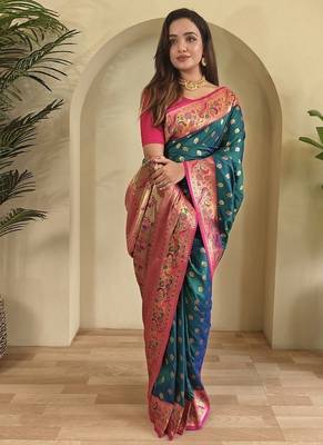 Teal Green Paithani silk blend Sarees  2
