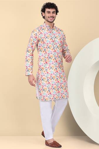 Men linen beige floral printed kurta