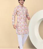 Men linen beige floral printed kurta