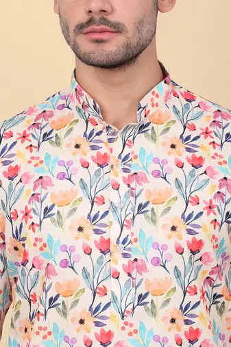 Men linen beige floral printed kurta