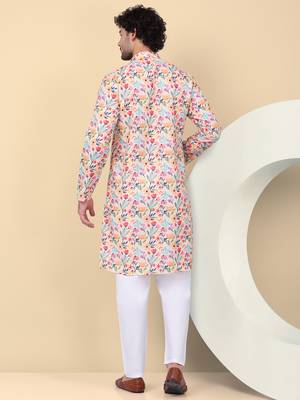 Men linen beige floral printed kurta 3