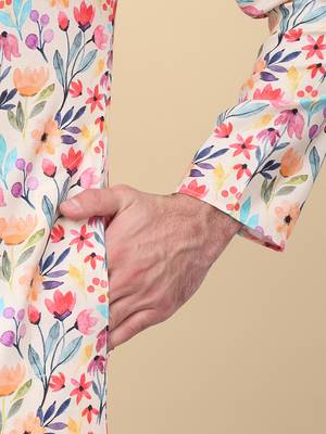 Men linen beige floral printed kurta 4