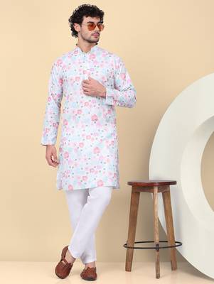 Men linen cream floral printed kurta 1