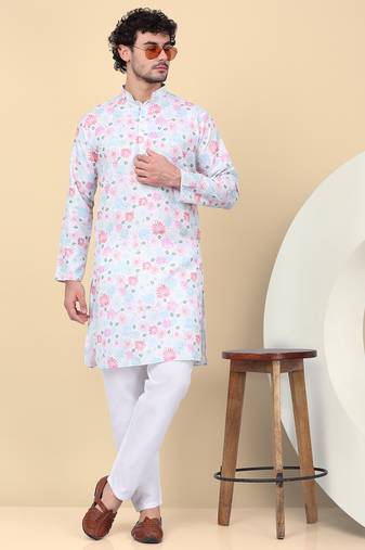 Men linen cream floral printed kurta